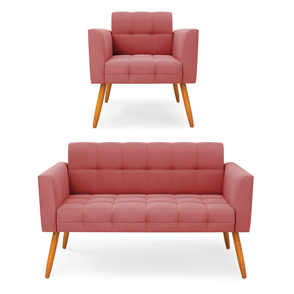 Kit 1 Sofá Namoradeira E 1 Poltrona Elisa Suede Rosê Pés Pali