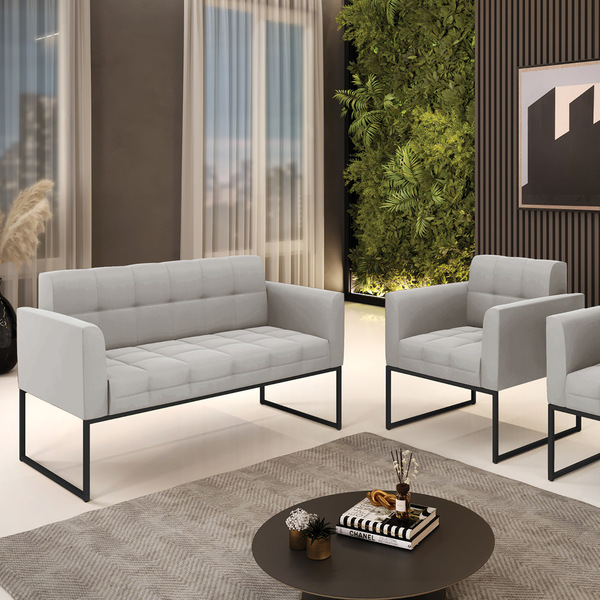 Kit 1 Sofá Namoradeira E 1 Poltrona Elisa Veludo Base Metálic