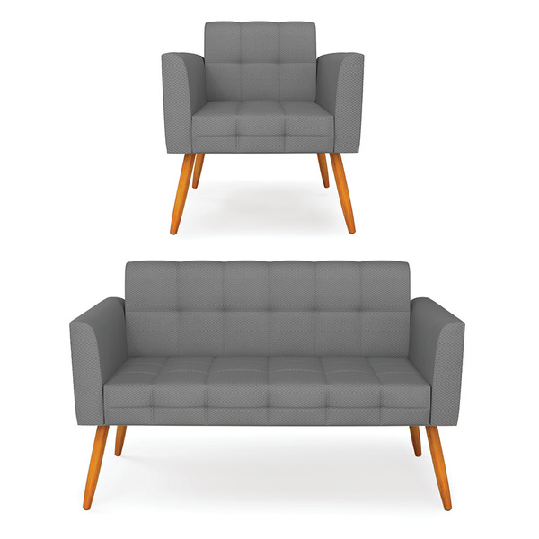 Kit 1 Sofá Namoradeira E 1 Poltrona Elisa Veludo Luxo Grafite