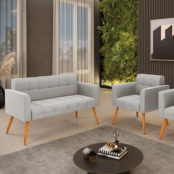 Kit 1 Sofá Namoradeira E 1 Poltrona Elisa Veludo Pés Palito C