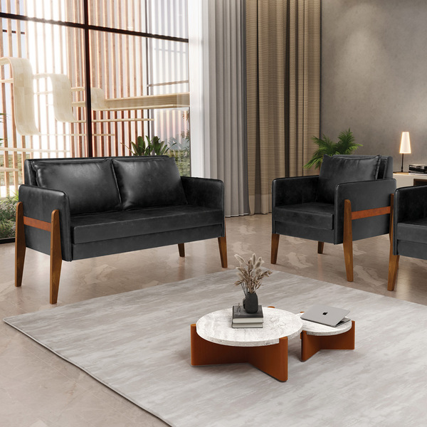 Kit 1 Sofá Namoradeira E 1 Poltrona Lana Corano Preto Base De