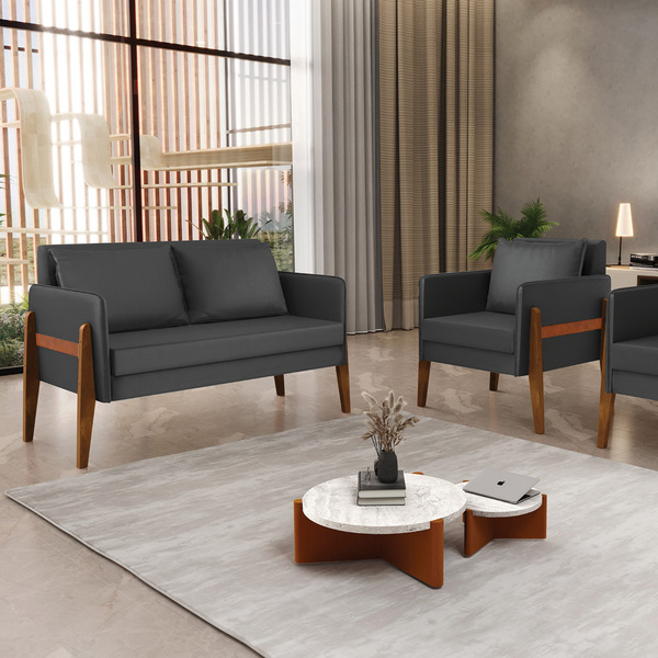 Kit 1 Sofá Namoradeira E 1 Poltrona Lana Corino Base De Madei