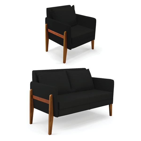 Kit 1 Sofá Namoradeira E 1 Poltrona Lana Linho Preto A79 Base