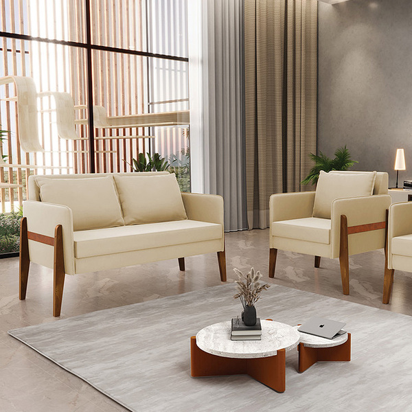 Kit 1 Sofá Namoradeira E 1 Poltrona Lana Suede Base De Madeir