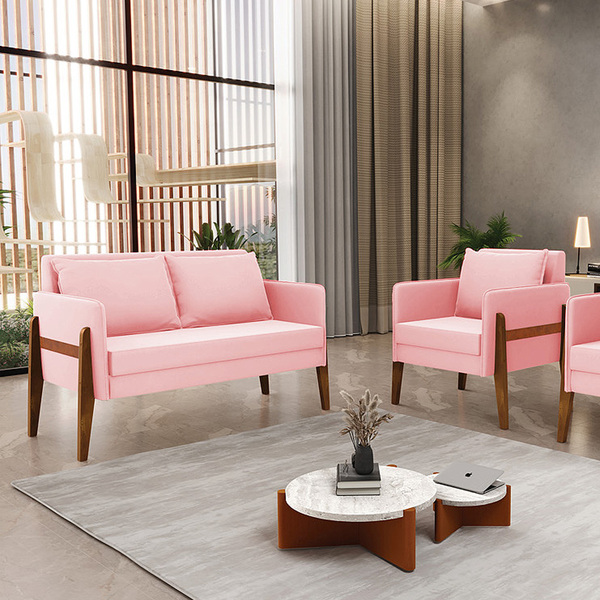 Kit 1 Sofá Namoradeira E 1 Poltrona Lana Suede Rosa Bebê Base