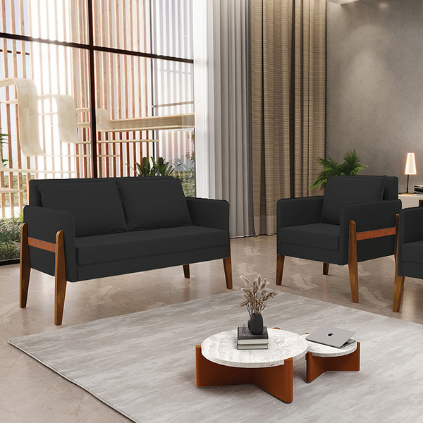 Kit 1 Sofá Namoradeira E 1 Poltrona Lana Veludo Base De Madei