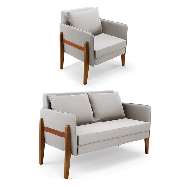 Kit 1 Sofá Namoradeira E 1 Poltrona Lana Veludo Cinza Base De