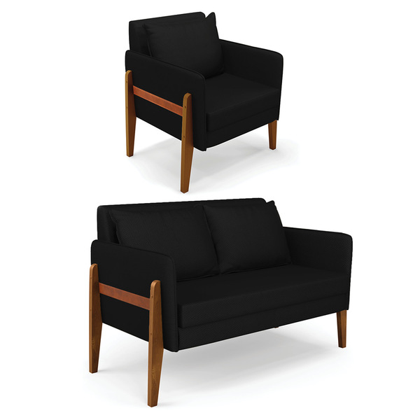 Kit 1 Sofá Namoradeira E 1 Poltrona Lana Veludo Luxo Preto A8