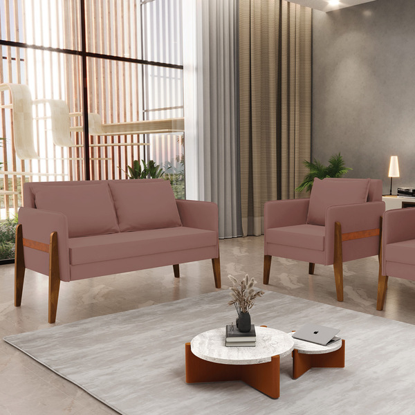 Kit 1 Sofá Namoradeira E 1 Poltrona Lana Veludo Rosê Base De