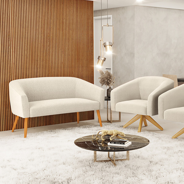 Kit 1 Sofá Namoradeira E 1 Poltrona Stella Bouclê Bege Base D