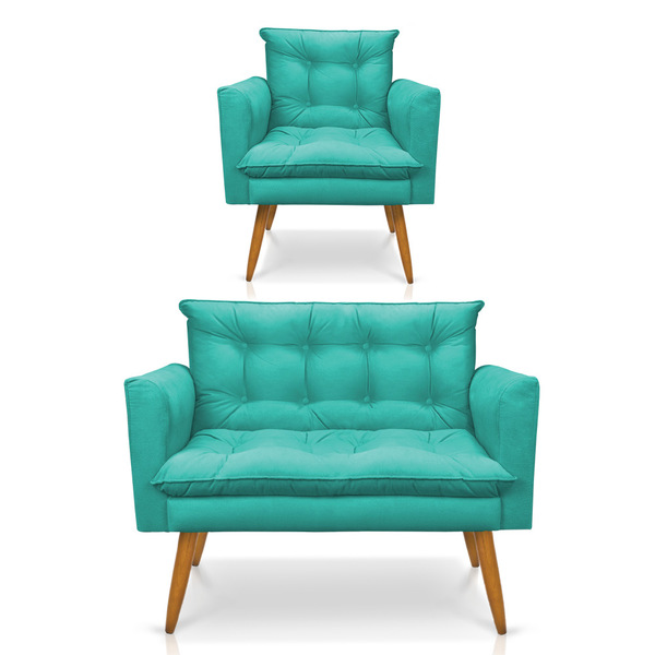 Kit 1 Sofá Namoradeira E 1 Poltrona Tais Suede Azul Turquesa