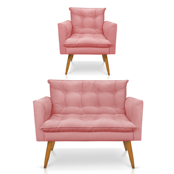 Kit 1 Sofá Namoradeira E 1 Poltrona Tais Suede Pés Palito Cas