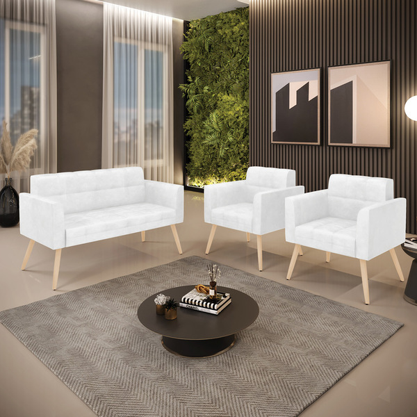 Kit 1 Sofá Namoradeira E 2 Poltronas Elisa Corano Branco Pés