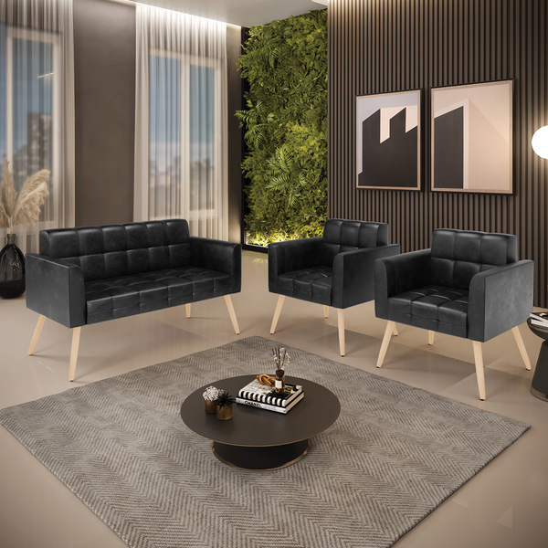 Kit 1 Sofá Namoradeira E 2 Poltronas Elisa Corano Pés Palito