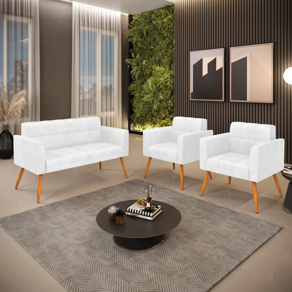 Kit 1 Sofá Namoradeira E 2 Poltronas Elisa Corano Pés Palito
