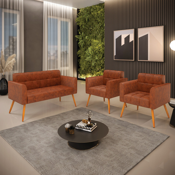 Kit 1 Sofá Namoradeira E 2 Poltronas Elisa Corano Pés Palito