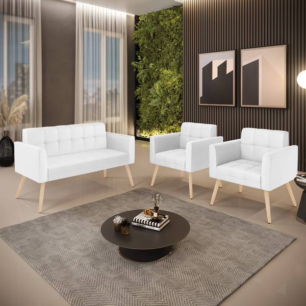 Kit 1 Sofá Namoradeira E 2 Poltronas Elisa Corino Branco Pés