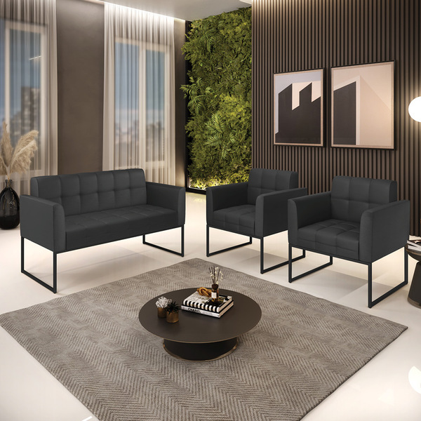 Kit 1 Sofá Namoradeira E 2 Poltronas Elisa Corino Preto Base
