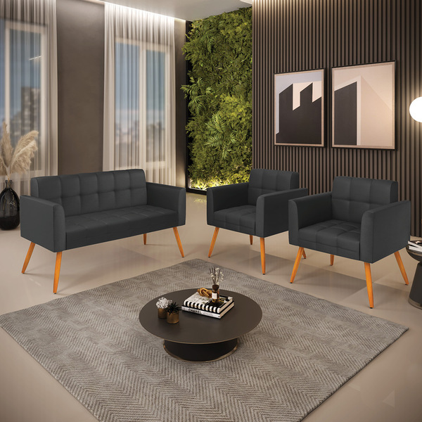 Kit 1 Sofá Namoradeira E 2 Poltronas Elisa Corino Preto Pés P