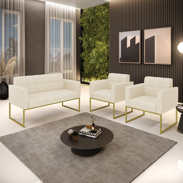 Kit 1 Sofá Namoradeira E 2 Poltronas Elisa Linho Base Metálic