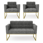 Kit 1 Sofá Namoradeira E 2 Poltronas Elisa Linho Base Metálic