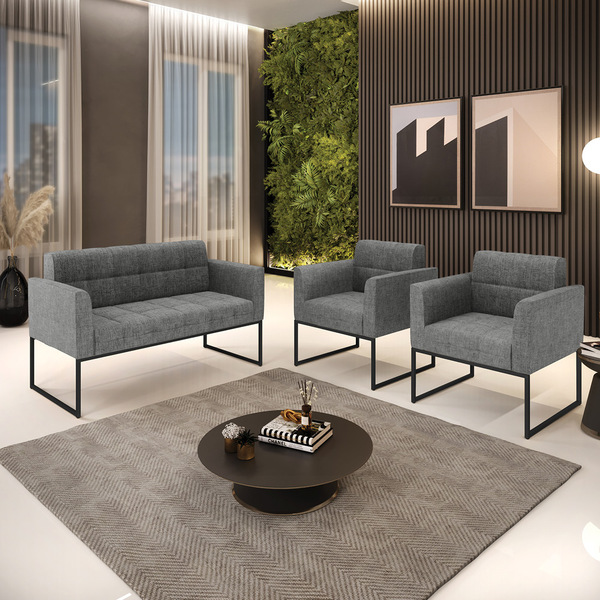 Kit 1 Sofá Namoradeira E 2 Poltronas Elisa Linho Base Metálic