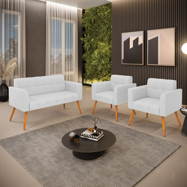 Kit 1 Sofá Namoradeira E 2 Poltronas Elisa Linho Pés Palito C