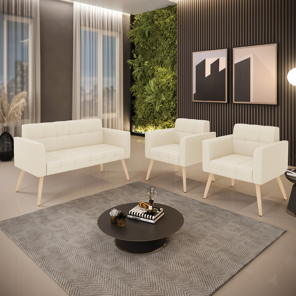 Kit 1 Sofá Namoradeira E 2 Poltronas Elisa Linho Pés Palito N