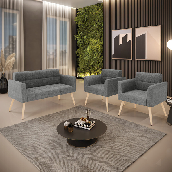 Kit 1 Sofá Namoradeira E 2 Poltronas Elisa Linho Pés Palito N