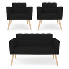 Kit 1 Sofá Namoradeira E 2 Poltronas Elisa Linho Preto A79 Pé