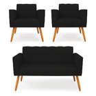 Kit 1 Sofá Namoradeira E 2 Poltronas Elisa Linho Preto A79 Pé