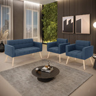 Kit 1 Sofá Namoradeira E 2 Poltronas Elisa Suede Azul Marinho