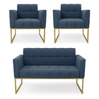 Kit 1 Sofá Namoradeira E 2 Poltronas Elisa Suede Base Metálic