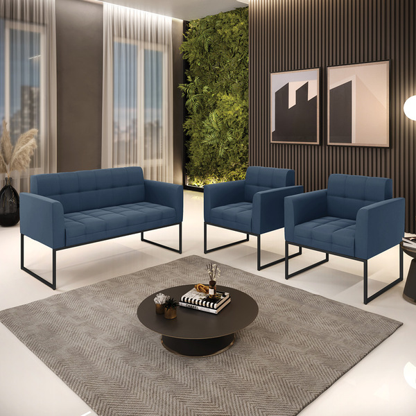 Kit 1 Sofá Namoradeira E 2 Poltronas Elisa Suede Base Metálic