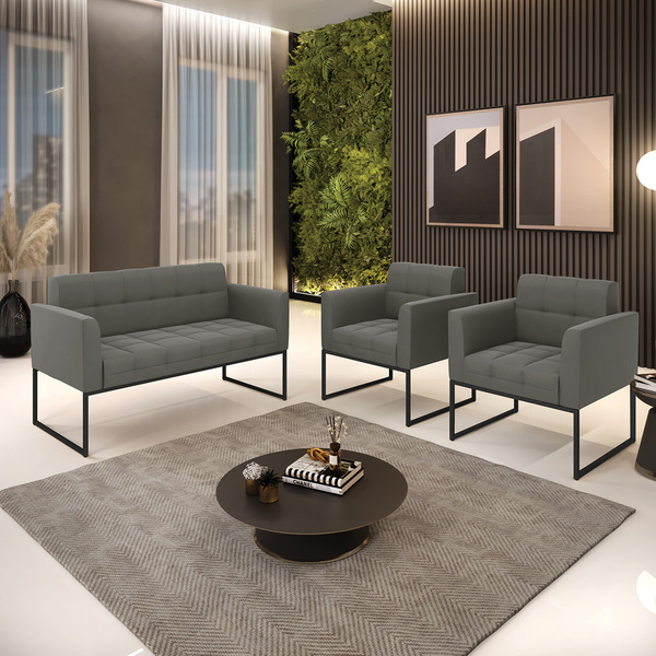 Kit 1 Sofá Namoradeira E 2 Poltronas Elisa Suede Base Metálic
