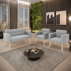 Kit 1 Sofá Namoradeira E 2 Poltronas Elisa Suede Cinza Pés Pa