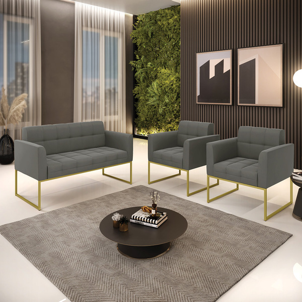 Kit 1 Sofá Namoradeira E 2 Poltronas Elisa Suede Grafite Base