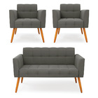 Kit 1 Sofá Namoradeira E 2 Poltronas Elisa Suede Grafite Pés