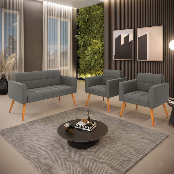 Kit 1 Sofá Namoradeira E 2 Poltronas Elisa Suede Pés Palito C