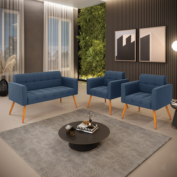 Kit 1 Sofá Namoradeira E 2 Poltronas Elisa Suede Pés Palito C