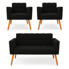 Kit 1 Sofá Namoradeira E 2 Poltronas Elisa Suede Preto Pés Pa