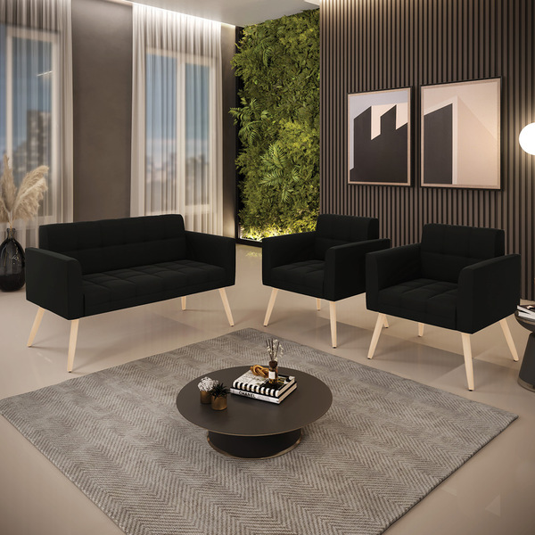Kit 1 Sofá Namoradeira E 2 Poltronas Elisa Suede Preto Pés Pa
