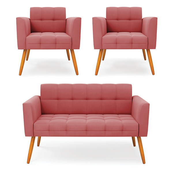 Kit 1 Sofá Namoradeira E 2 Poltronas Elisa Suede Rosê Pés Pal