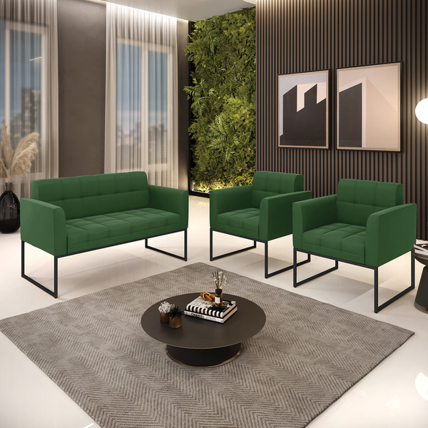Kit 1 Sofá Namoradeira E 2 Poltronas Elisa Suede Verde Base M