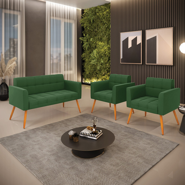 Kit 1 Sofá Namoradeira E 2 Poltronas Elisa Suede Verde Pés Pa