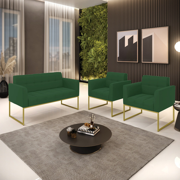 Kit 1 Sofá Namoradeira E 2 Poltronas Elisa Veludo Base Metáli