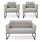 Kit 1 Sofá Namoradeira E 2 Poltronas Elisa Veludo Cinza Base