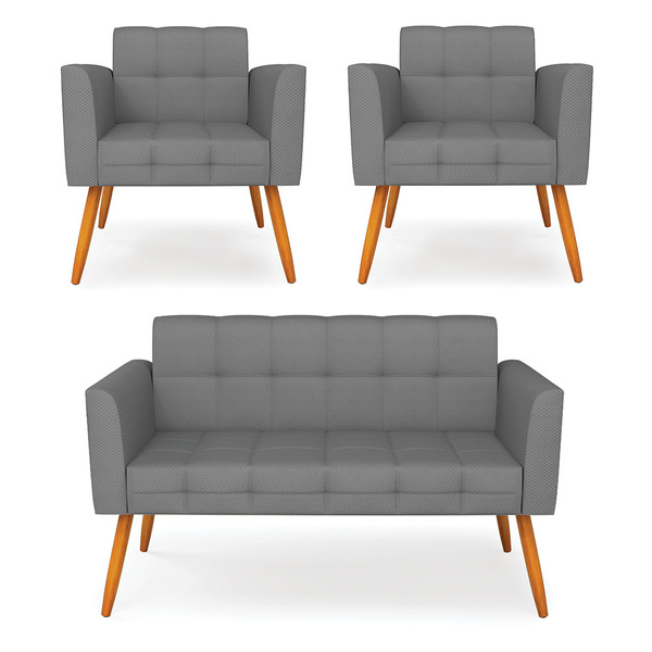 Kit 1 Sofá Namoradeira E 2 Poltronas Elisa Veludo Luxo Grafit