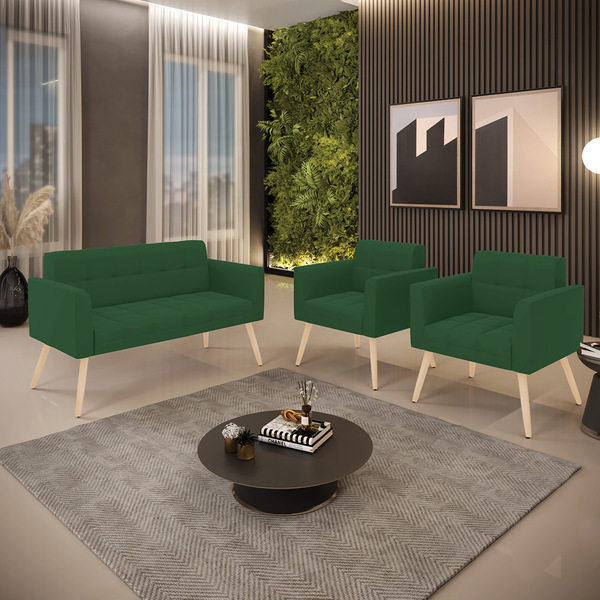 Kit 1 Sofá Namoradeira E 2 Poltronas Elisa Veludo Pés Palito