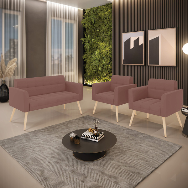 Kit 1 Sofá Namoradeira E 2 Poltronas Elisa Veludo Pés Palito